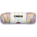 A ball of Caron Simply Soft Paints yarn in pastel purple/pink/yellow/orange/white colourway