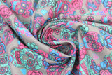 Swirled swatch Grey/Pink/Green sugar skulls fabric (grey fabric with medium sized tossed pink and teal green sugar skulls allover with green/teal, pink, blue, floral tossed allover)