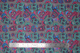Flat swatch Grey/Pink/Green sugar skulls fabric (grey fabric with medium sized tossed pink and teal green sugar skulls allover with green/teal, pink, blue, floral tossed allover)