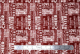 Flat swatch winter printed fabric in Text on Red (winter words)