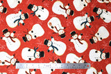Flat swatch winter printed fabric in Snowmen on Red