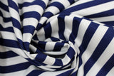 Swirled swatch stripe printed fabric in Navy & White Stripes