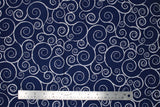 Flat swatch Blue/Silver fabric (dark blue fabric with large white/silver swirls allover)