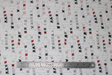 Flat swatch clothes line fabric (white fabric with repeated clothes on line graphic allover: grey, red, black, white colourway small cartoon clothing)
