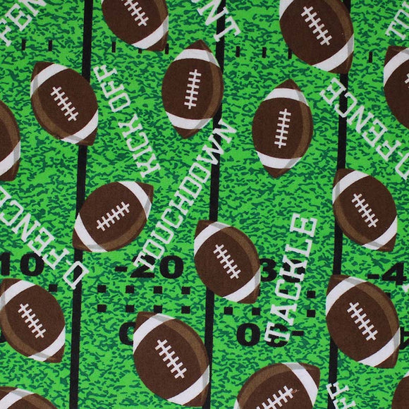 Square swatch touchdown fabric (green faux football field look fabric with black yard lines and tossed brown/white cartoon footballs allover and 