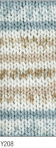Ball of Magi-Knit DK self-patterning yarn in white/pink/blue/yellow shade