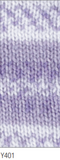 Swatch of Magi-Knit DK self-patterning yarn in shade Y401 (white, light and dark purple)