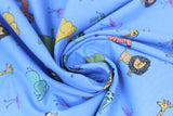 Swirled swatch dark blue zoo animals fabric (dark blue fabric with small drawn style zoo animals in full colour allover lions, giraffes, elephants, zebras, etc.)