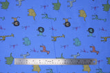 Flat swatch dark blue zoo animals fabric (dark blue fabric with small drawn style zoo animals in full colour allover lions, giraffes, elephants, zebras, etc.)