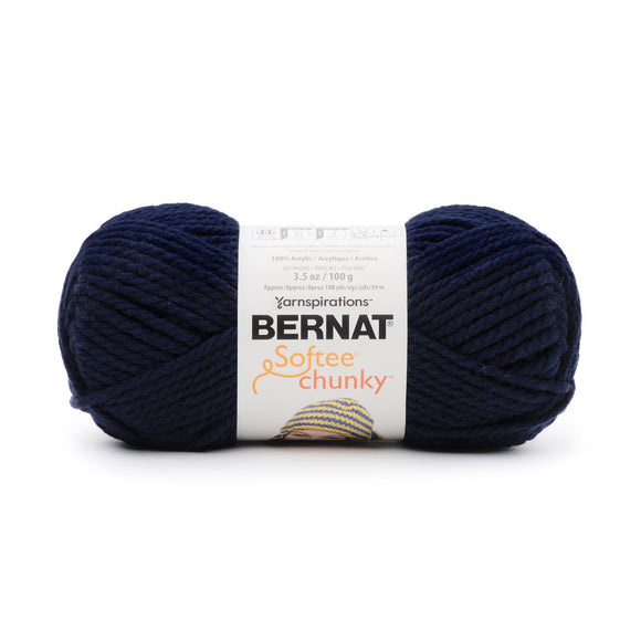 A ball of Bernat Softee Chunky yarn in shade Navy Night (navy blue)