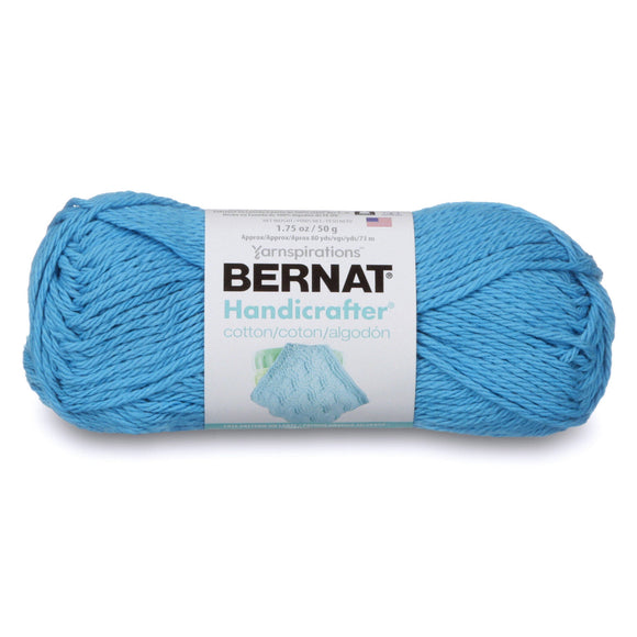 A ball of Bernat Handicrafter Cotton (small, 50g ball) in colour Hot Blue (bright, tropical blue)