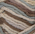 Earth Ombre (tan, mid brown, off white, light grey-green) variegated swatch of Bernat Handicrafter Cotton