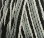 A ball of Bernat Super Value yarn in shade Hi Tech (white, grey, black colourway)