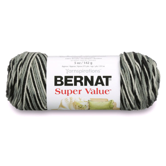 A ball of Bernat Super Value yarn in shade Hi Tech (white, grey, black colourway)