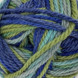 Indigo meadow swatch of Patons Classic Wool Worsted yarn (light to dark pale blues, pale green colourway)