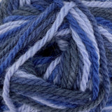 Indigo mist swatch of Patons Classic Wool Worsted yarn (light to dark blues colourway)