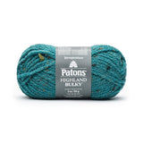 A ball of Patons Highland Bulky yarn in shade Fjord (dark turquoise blue with green and grey flecks)