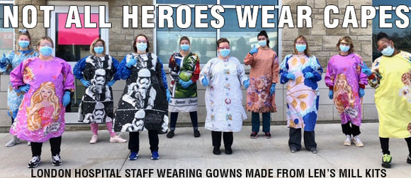 Not all heroes wear capes - photograph of London ON hospital staff wearing gowns made from Lens Mill kits