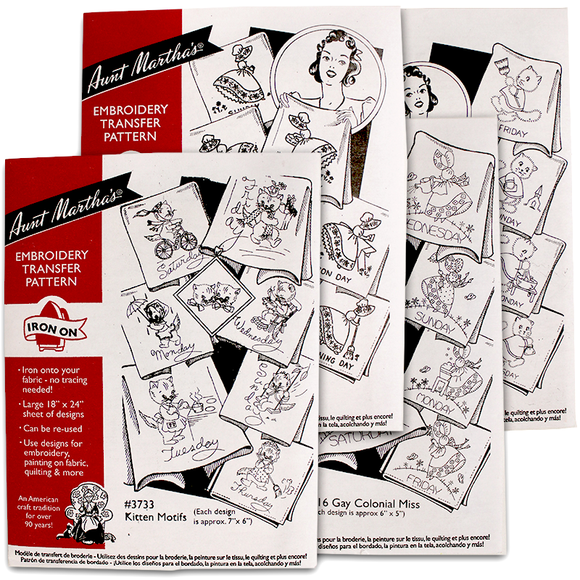 Aunt Martha's Iron On Transfer Patterns for Stitching, Embroidery or Fabric  Painting, Days of the Week Patterns, Set of 5