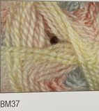 Swatch of Baby Marble DK yarn in shade BM37 (tan, yellow, coral and grey shades)