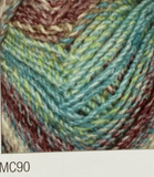 Swatch of Marble Chunky yarn in shade MC90 (light green and blue, burgundy and white shades with twists)