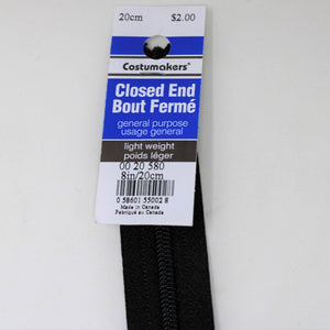 20cm light weight closed end zipper in black, packaging and product on white background