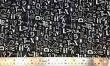 Flat swatch alphabet graphics printed fabric in black (black fabric with tossed white letters of the alphabet in various styles/fonts)