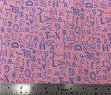 Flat swatch alphabet graphics printed fabric in pink (pink fabric with tossed purple letters of the alphabet in various styles/fonts)