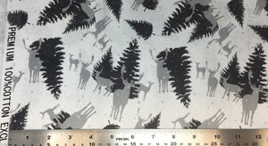Group swatch deer and pine trees printed fabric in various colours