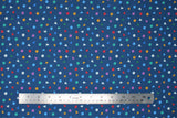 Flat swatch Dots fabric (dark blue fabric with tossed circles and triangles in confetti style with different colours)