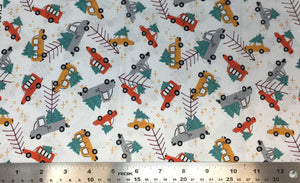 Group swatch cartoon Christmas tree on vehicle printed fabric in various colours
