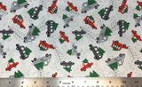 Flat swatch cartoon Christmas tree on vehicle printed fabric in red (white fabric with tossed cartoon trucks with christmas trees in back in light grey, dark grey, red shades)