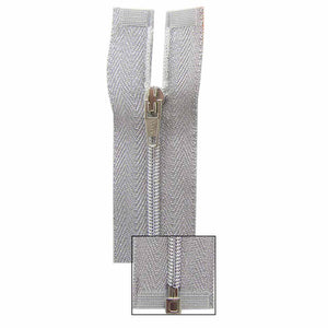 silver one way separating zipper on white background