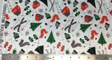 Flat swatch cartoon ski cabin printed fabric in green (off white fabric with tiny grey polka dots and stars allover and tossed skiing related emblems in full colour: mitts, scarves, hats, skiis, mugs, cabins, trees, etc. in green, red, grey shades)