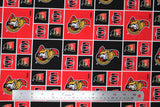 Flat swatch licensed NHL fabric in Ottawa Senators (quilt squares pattern with red and black backgrounds with logo, black background with team shield, red background with black "O")