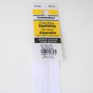 23cm light weight one way separating zipper in beige colour with label and showing product half zipped on white background