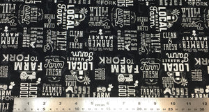 Group swatch farm to fork text printed fabric in black and cream