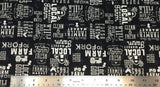 Flat swatch farm to fork text printed fabric in black (black fabric with tossed white text in various styles all related to farmers markets "farm to fork" "farm fresh" etc.)