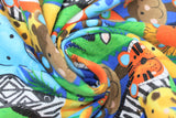 Swirled swatch zoo animals fabric (blue fabric with drawn style assorted zoo animals in full colour allover, alligator, zebra, monkey, tiger, etc.)