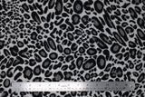 Flat swatch leopard print upholstery fabric (light grey fabric with dark grey and black leopard print)