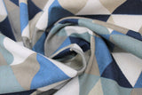 Swirled swatch upholstery fabric (blue geometric print: tiled alternating triangles in white/grey/light to dark blues colourway)
