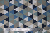Flat swatch upholstery fabric (blue geometric print: tiled alternating triangles in white/grey/light to dark blues colourway)