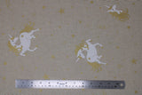 Flat swatch upholstery fabric (unicorns print: light beige fabric with tossed gold metallic stars and white unicorn heads and bodies with gold metallic manes/tails)