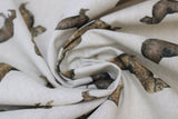 Swirled swatch upholstery fabric (dachshund print: light grey fabric with faded medium grey stripes and assorted brown dachshunds tossed)