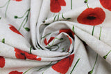 Swirled swatch Poppy Fields fabric (natural coloured fabric with long stem red poppies with green stems)