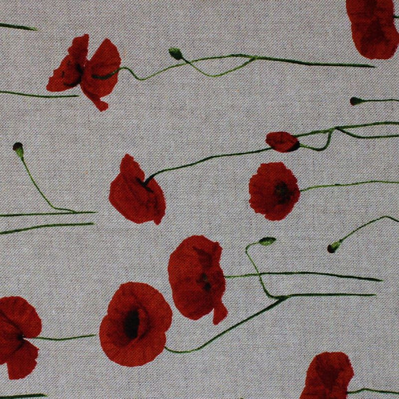 Square swatch Poppy Fields fabric (natural coloured fabric with long stem red poppies with green stems)