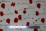 Flat swatch Poppy Fields fabric (natural coloured fabric with long stem red poppies with green stems)