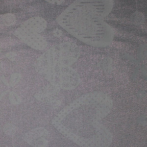 Square swatch Christmas Sparkle fabric (silver mettalic look fabric with tossed grey hearts and bows and flower heads)