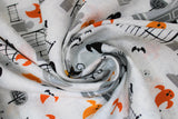 Swirled swatch ghosts fabric (white fabric with small open-mouthed ghosts in white, grey, black, orange, yellow, red, and tossed grey crosses and tombstones, black cats, etc.)
