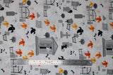 Flat swatch ghosts fabric (white fabric with small open-mouthed ghosts in white, grey, black, orange, yellow, red, and tossed grey crosses and tombstones, black cats, etc.)
